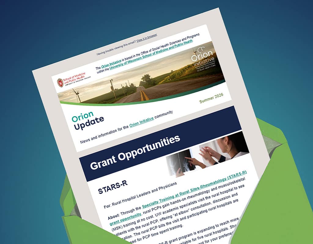 The Summer 2026 Orion Update email newsletter peeking out of a bright green envelope