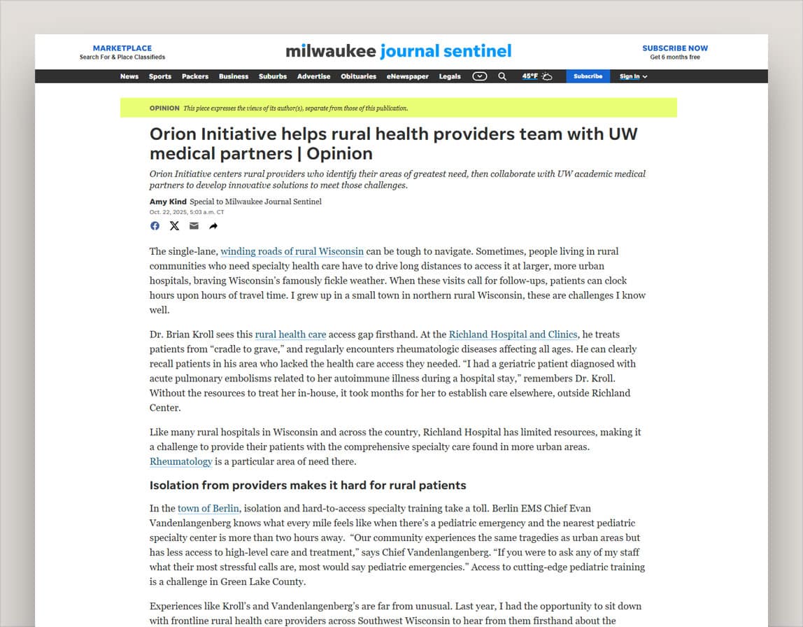 Screenshot of the Milwaukee Journal Sentinel's website featuring Dr. Amy Kind's Opinion piece on the Orion Initiative