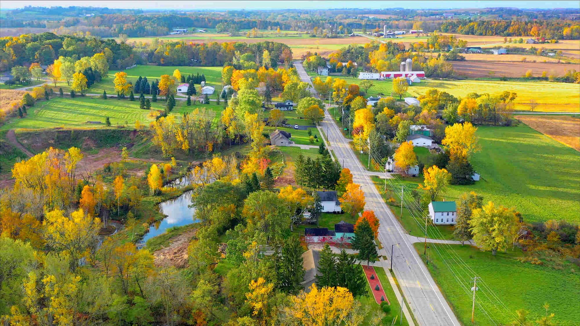 aerial shot of rural Wisconsin during the fall