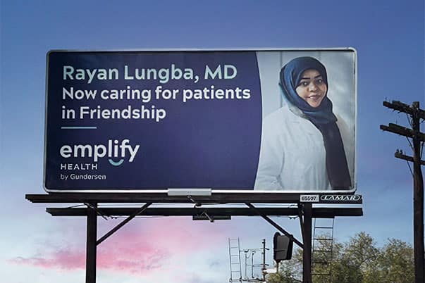 Dr. Lungba billboard for Gundersen Moundview in Friendship, Wisconsin